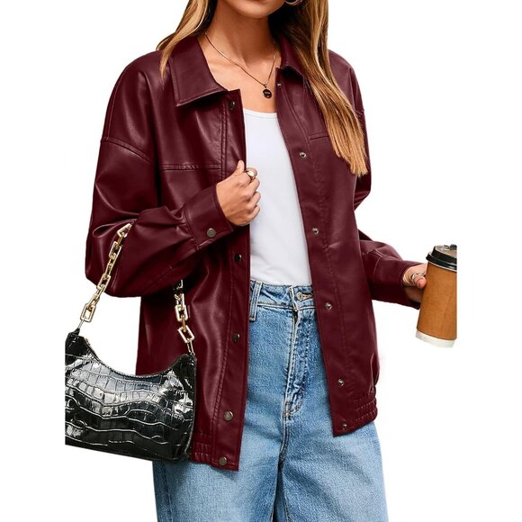 Womens Oversized Faux Leather Jacket Button Down Moto Bomber Winter Coat - Picture 1 of 6